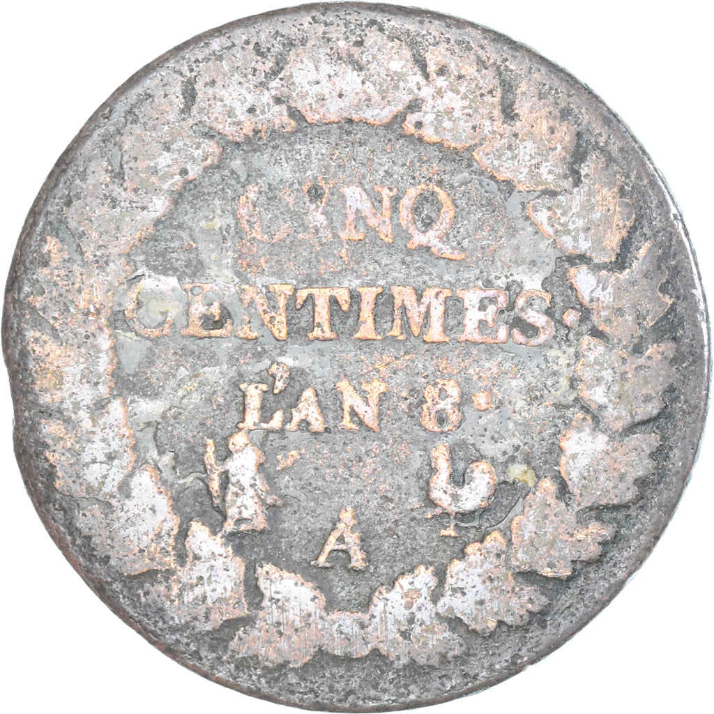 Munten, Frankrijk, Dupré, 5 Centimes, AN 8, Paris, ZG+, Koper, Gadoury:126