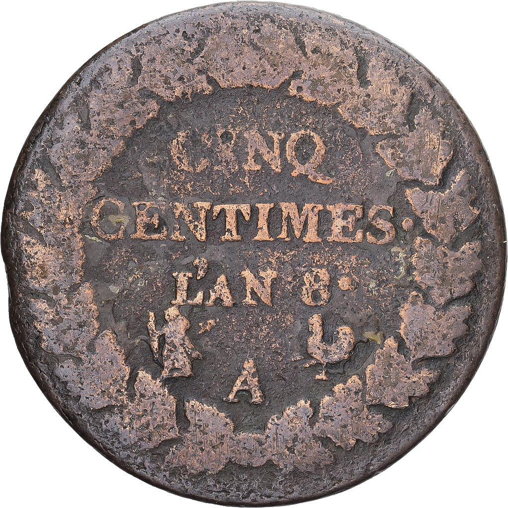 Moneda, Francia, Dupré, 5 Centimes, AN 8, Paris, BC, Cobre, Gadoury:126