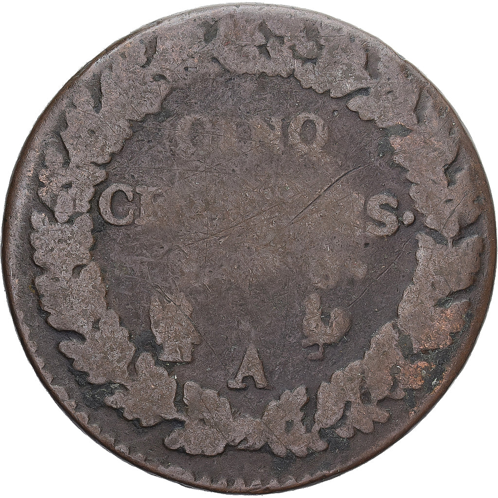 Moneda, Francia, Dupré, 5 Centimes, AN 8, Paris, BC+, Cobre, Gadoury:126