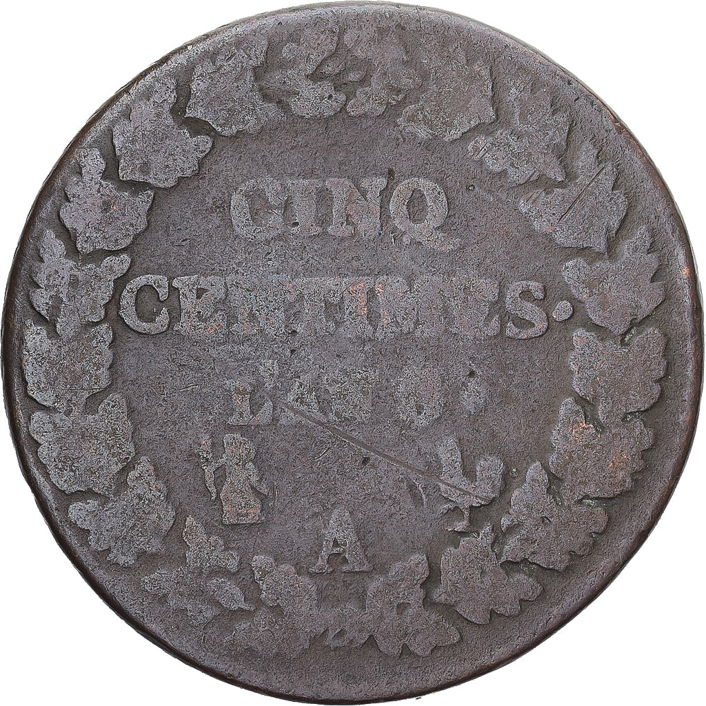 Moneda, Francia, Dupré, 5 Centimes, AN 8, Paris, BC+, Cobre, Gadoury:126