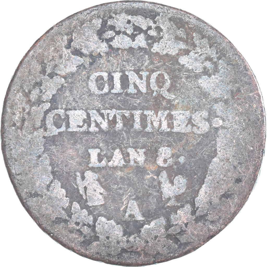Moneda, Francia, Dupré, 5 Centimes, AN 8, Paris, BC+, Cobre, Gadoury:126
