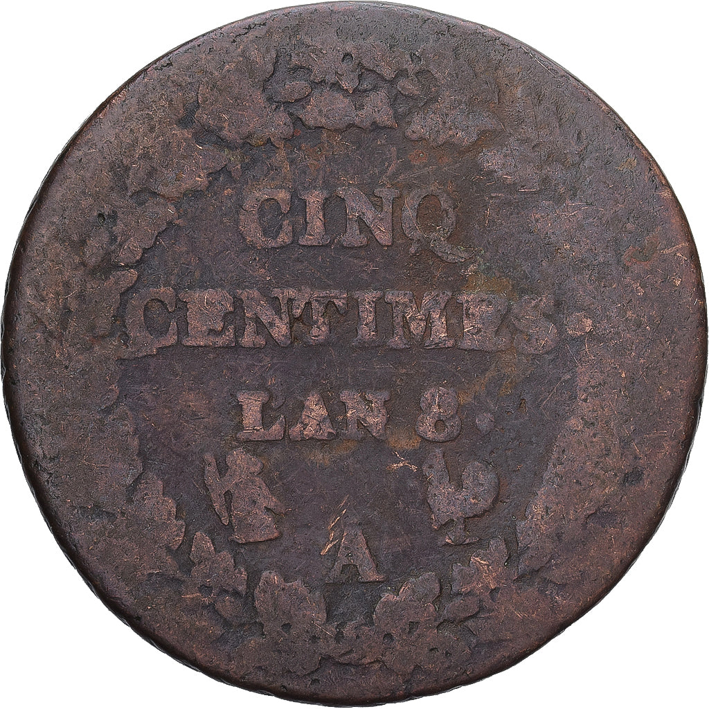 Moneda, Francia, Dupré, 5 Centimes, AN 8, Paris, BC+, Cobre, Gadoury:126