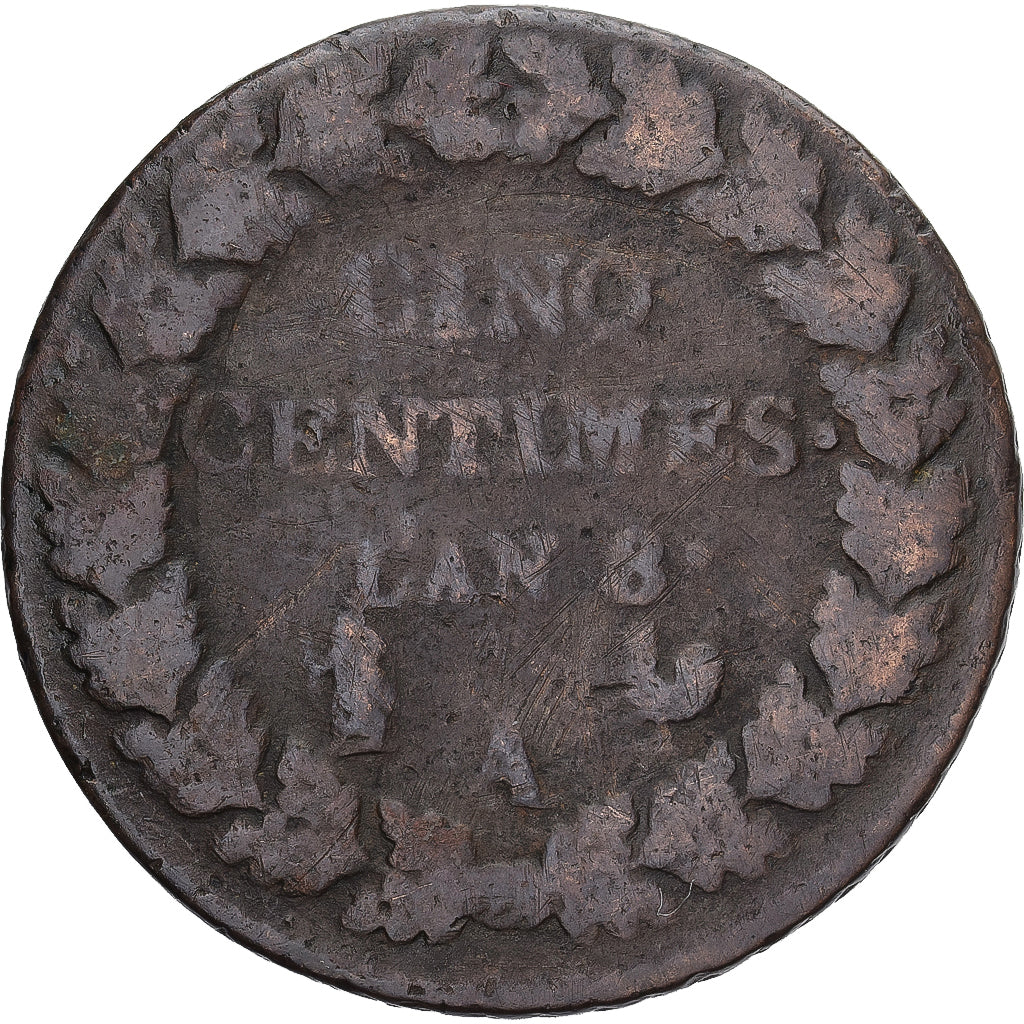 Moneda, Francia, Dupré, 5 Centimes, AN 8, Paris, BC+, Cobre, Gadoury:126