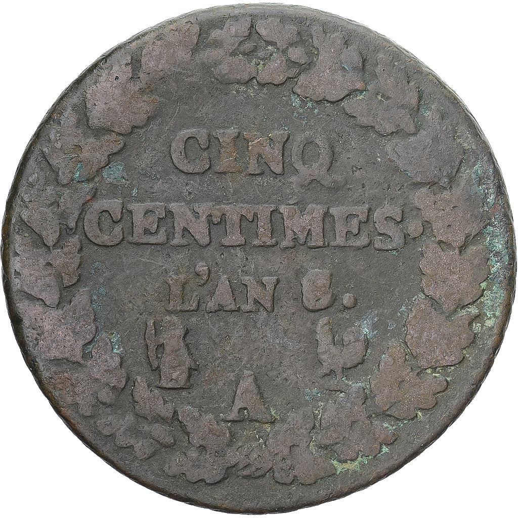 Moneda, Francia, Dupré, 5 Centimes, AN 8/5, Paris, BC, Cobre, Gadoury:126a