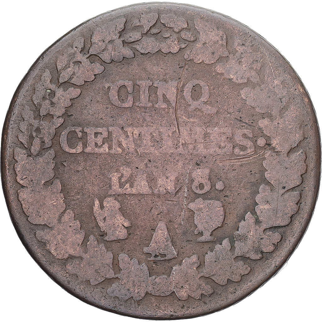 Moneda, Francia, Dupré, 5 Centimes, AN 8/5, Paris, BC+, Cobre, Gadoury:126a