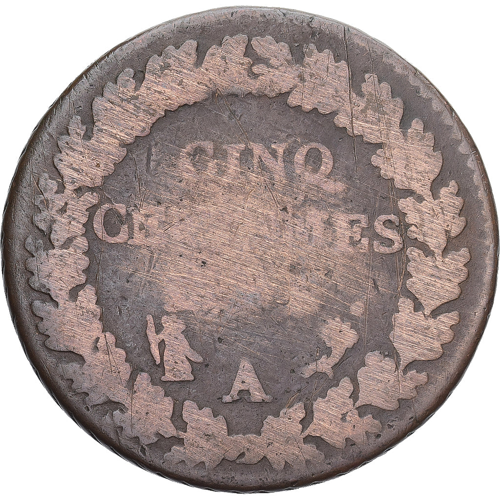 Moneda, Francia, Dupré, 5 Centimes, Paris, BC+, Cobre, Gadoury:126/126a
