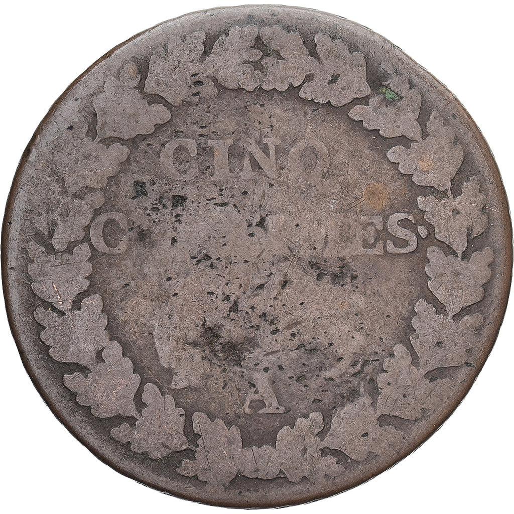 Moneda, Francia, Dupré, 5 Centimes, Paris, BC+, Cobre, Gadoury:126/126a