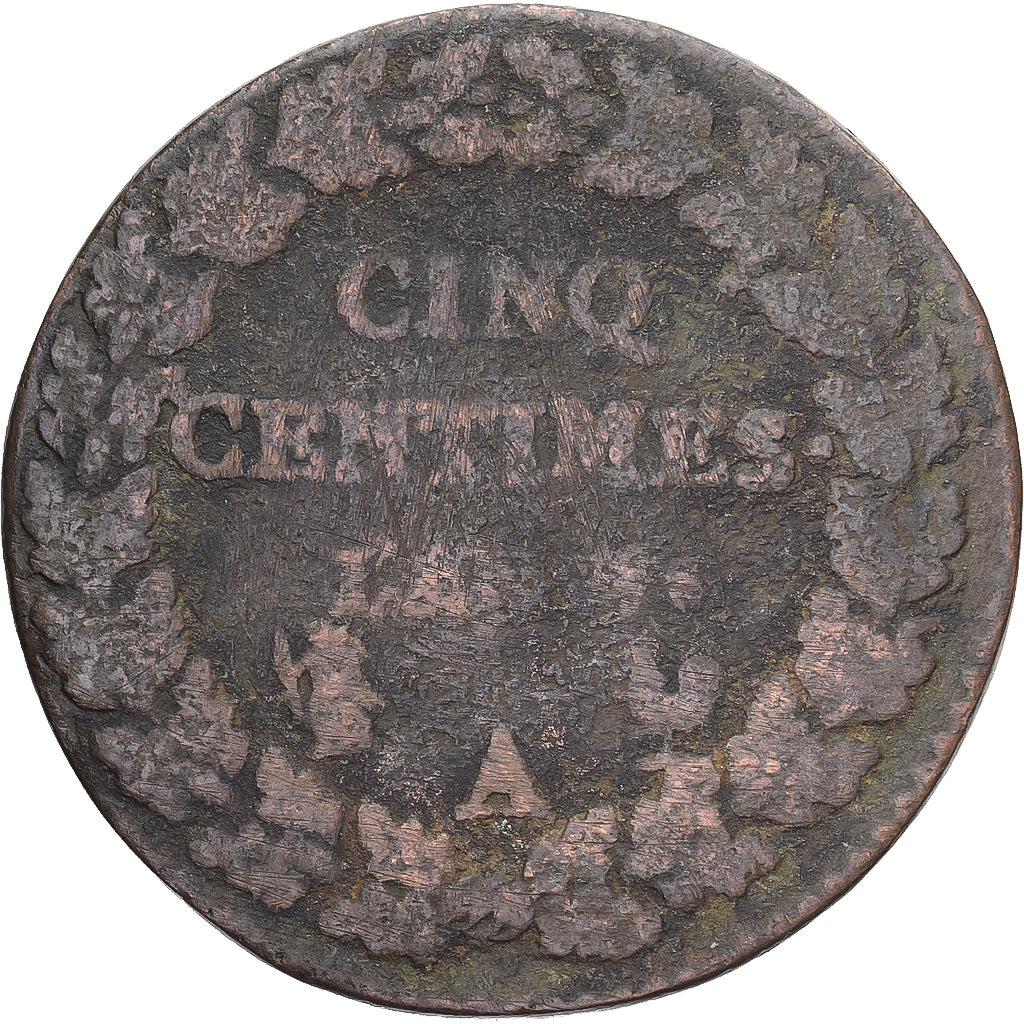 Moneda, Francia, Dupré, 5 Centimes, Paris, BC+, Cobre, Gadoury:126/126a