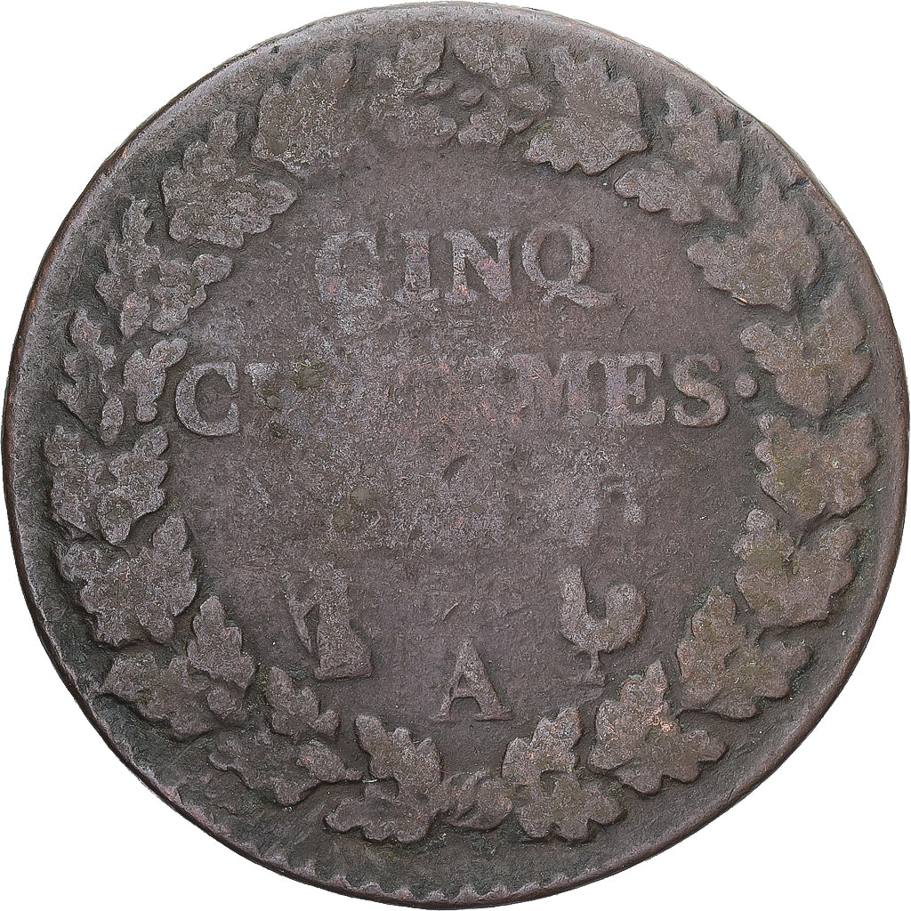 Moneda, Francia, Dupré, 5 Centimes, Paris, BC+, Cobre, Gadoury:126/126a