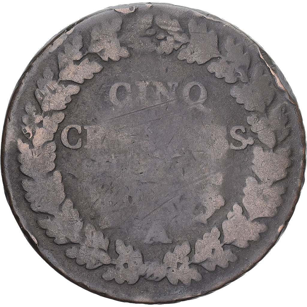 Moneda, Francia, Dupré, 5 Centimes, Paris, BC+, Cobre, Gadoury:126/126a
