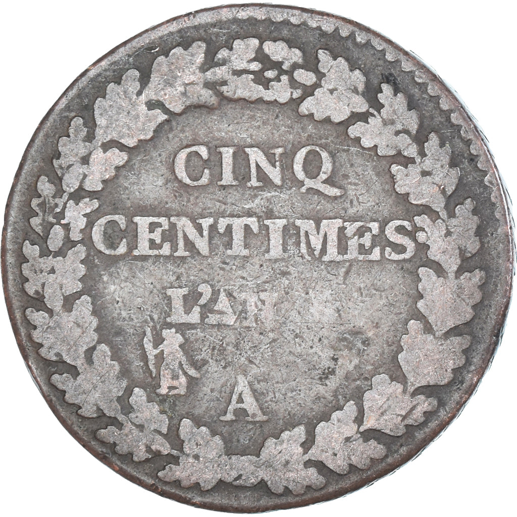 Moneta, Francia, Dupré, 5 Centimes, Paris, MB, Rame, Gadoury:126/126a