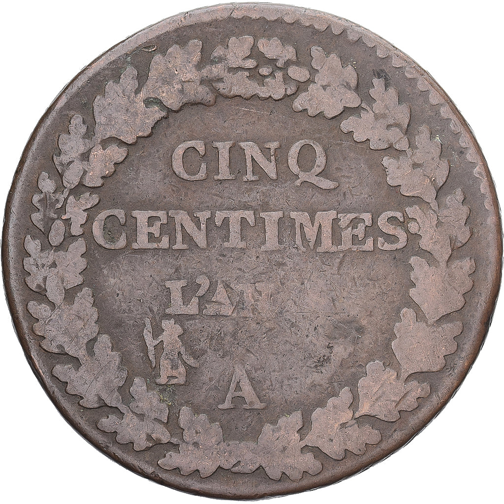 Moneda, Francia, Dupré, 5 Centimes, Paris, BC+, Cobre, Gadoury:126/126a