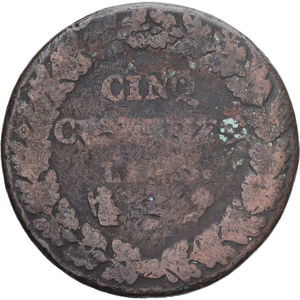 Moneda, Francia, Dupré, 5 Centimes, Paris, BC+, Cobre, Gadoury:126/126a