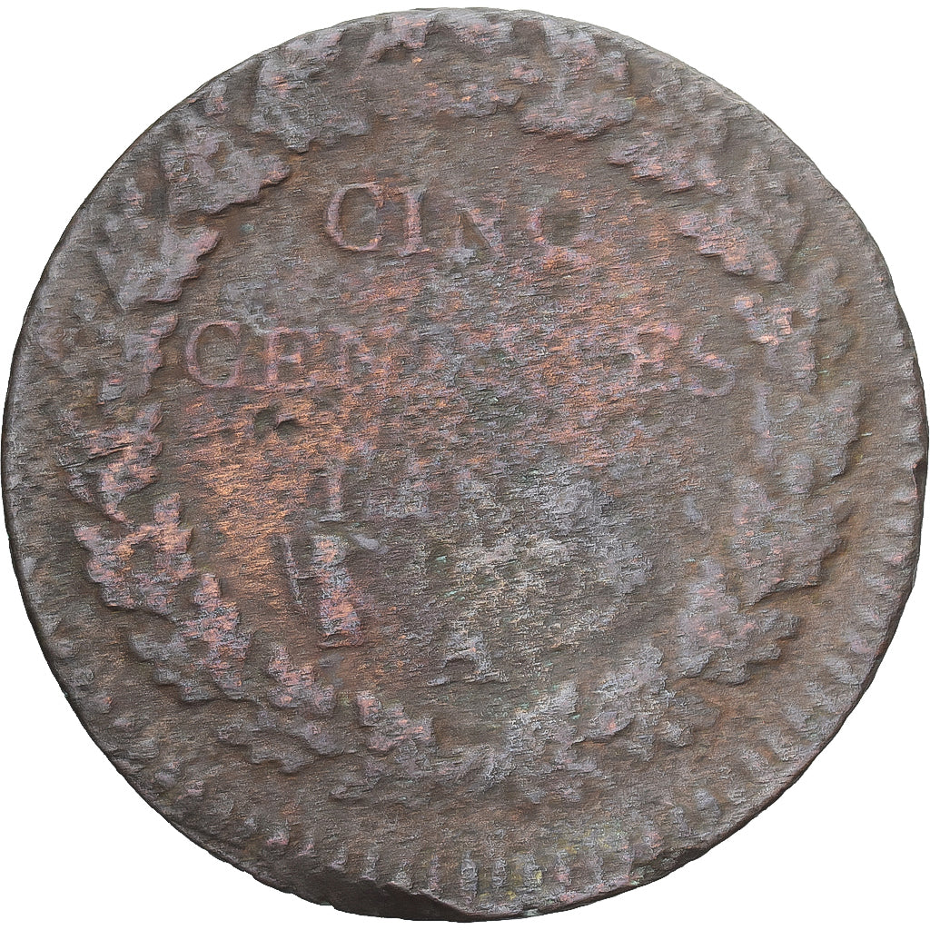 Moneda, Francia, Dupré, 5 Centimes, Paris, BC+, Cobre, Gadoury:126/126a