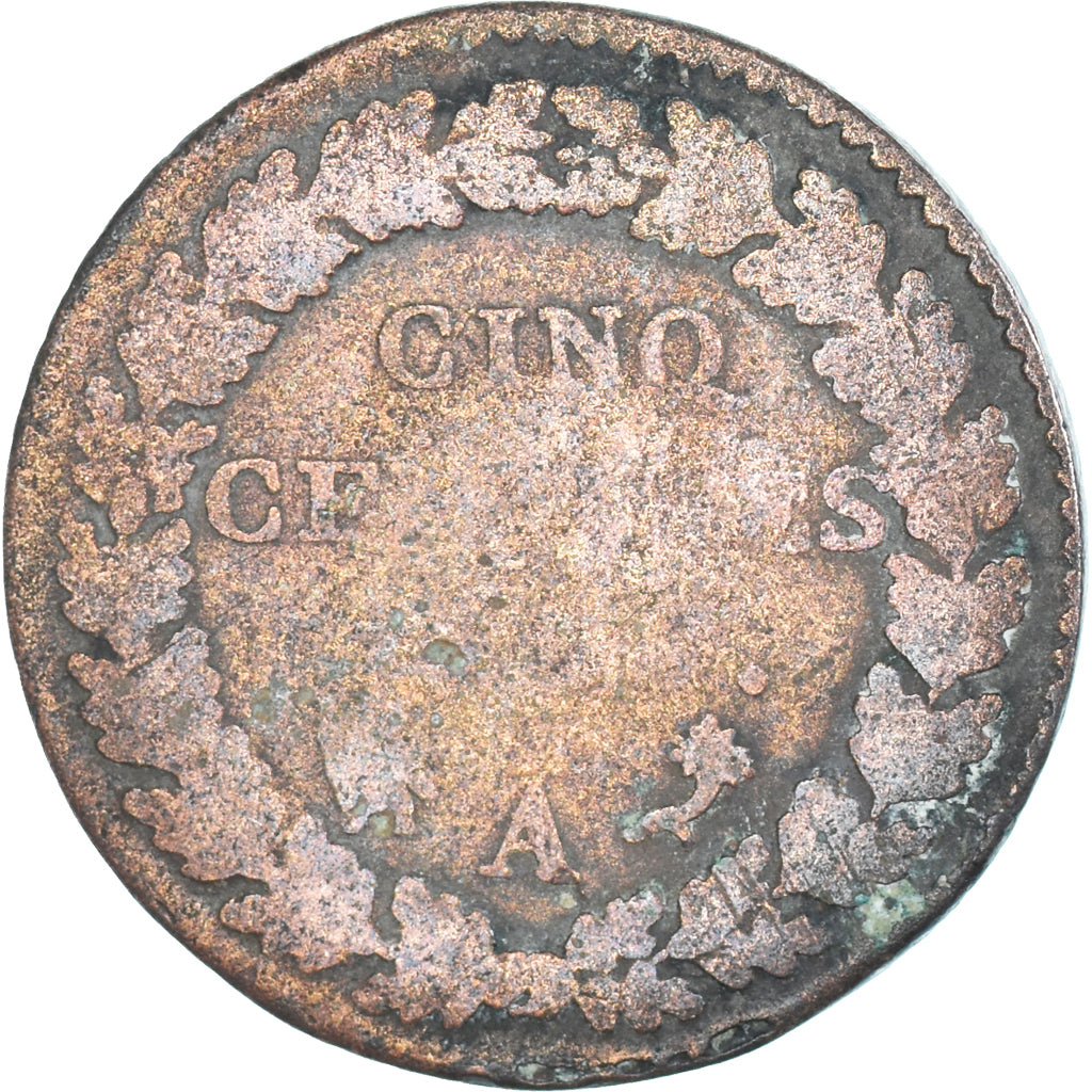 Moneta, Francia, Dupré, 5 Centimes, Paris, MB, Rame, Gadoury:126/126a