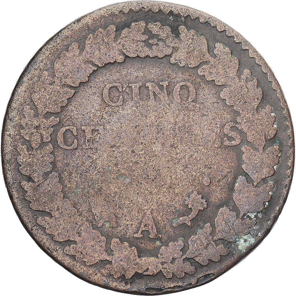 Moneda, Francia, Dupré, 5 Centimes, Paris, BC+, Cobre, Gadoury:126/126a