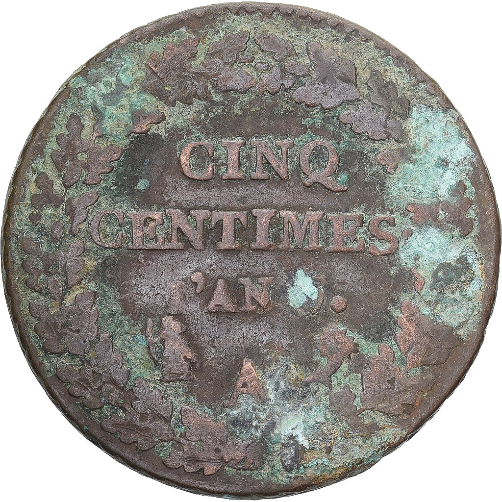 Moneda, Francia, Dupré, 5 Centimes, Paris, BC+, Cobre, Gadoury:126/126a