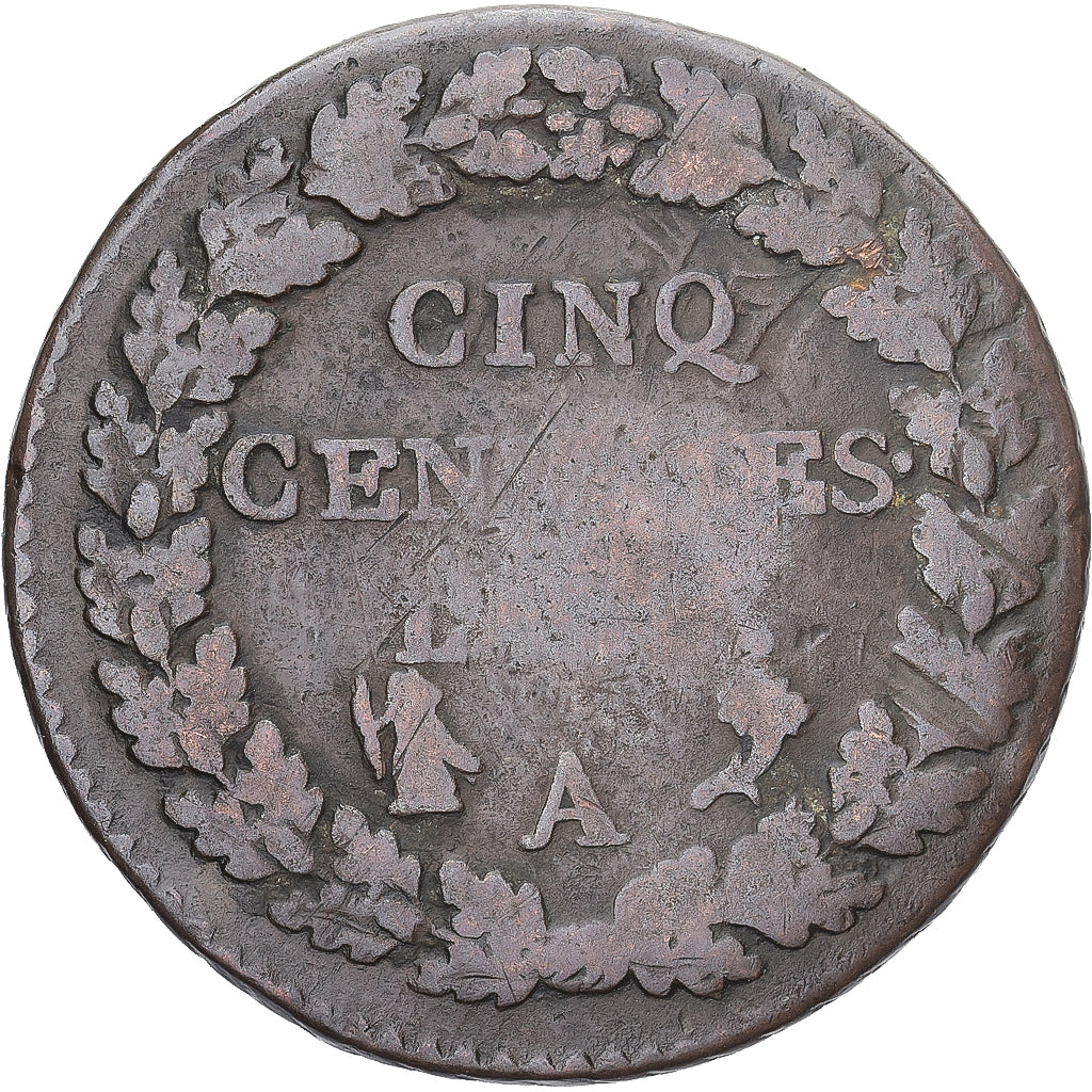 Moneda, Francia, Dupré, 5 Centimes, Paris, BC+, Cobre, Gadoury:126/126a