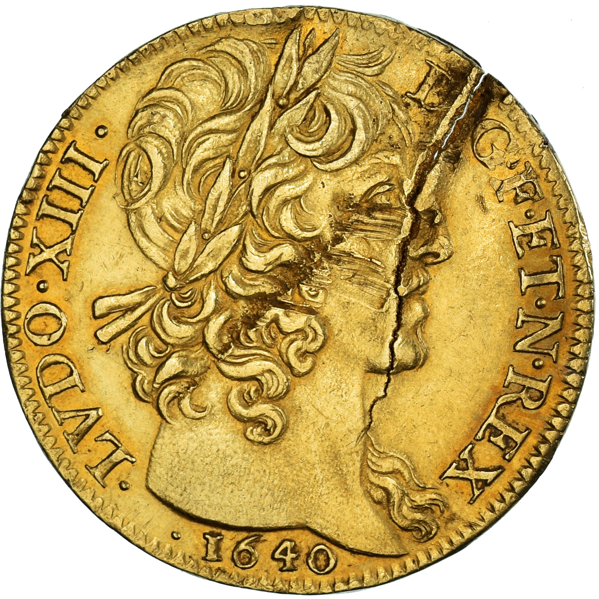 France, Louis XIII, Double louis d'or aux 8L, 1640, Paris, Flan endommagé, Or