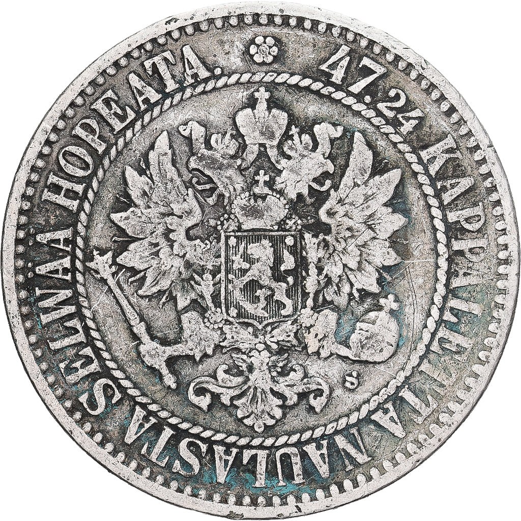 Moeda, Finlândia, Alexander II, 2 Markkaa, 1866, Helsinki, VF(30-35), Prata