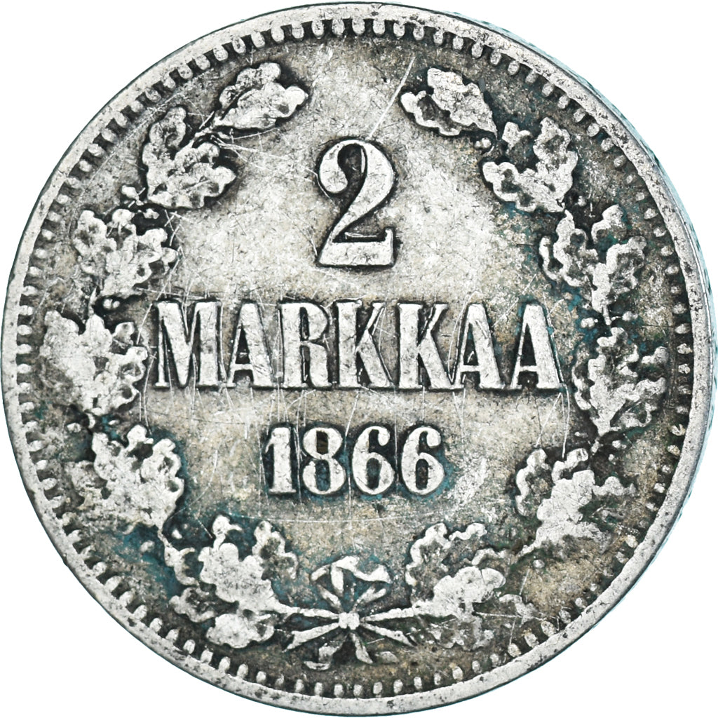 Moneda, Finlandia, Alexander II, 2 Markkaa, 1866, Helsinki, BC+, Plata, KM:7.1