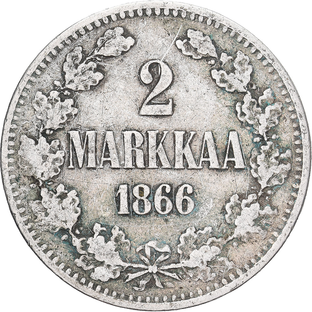 Moeda, Finlândia, Alexander II, 2 Markkaa, 1866, Helsinki, VF(30-35), Prata