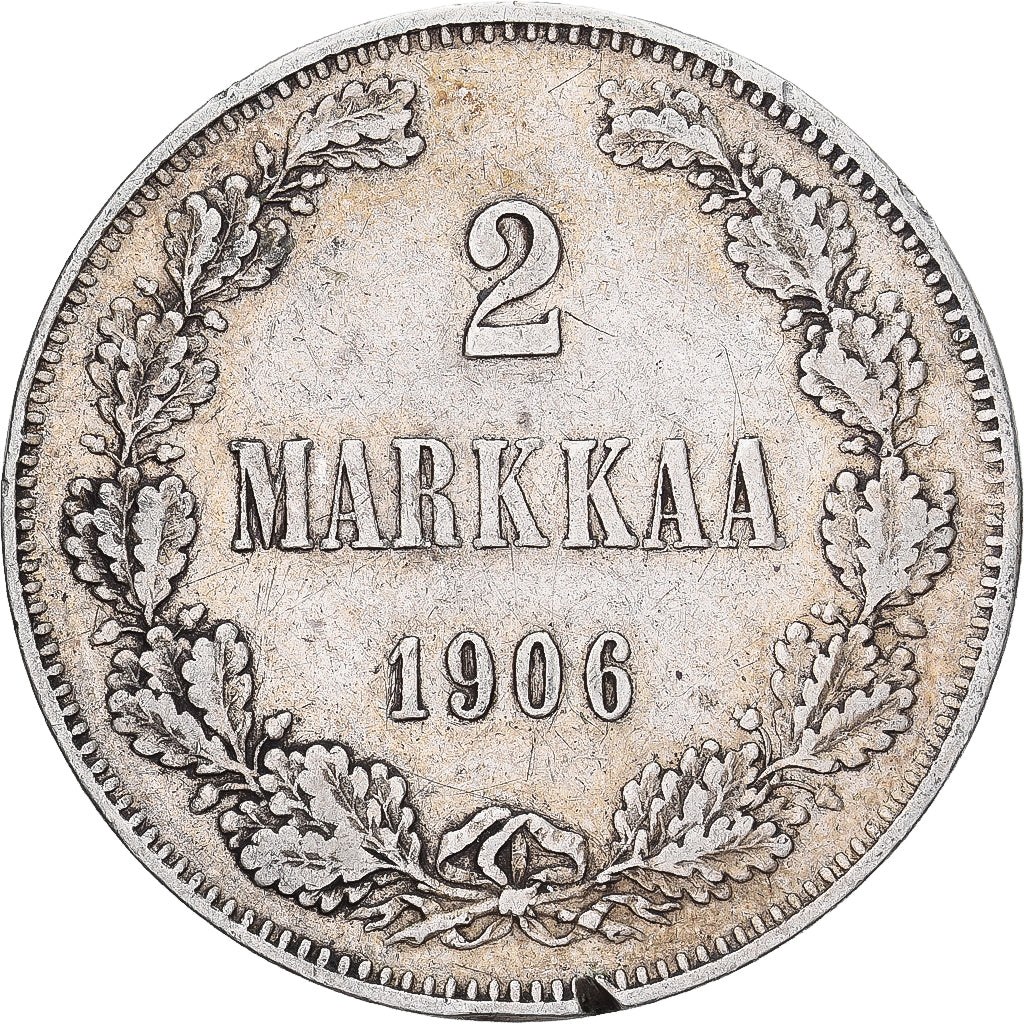 Moneda, Finlandia, Nicholas II, 2 Markkaa, 1906, Helsinki, L, MBC, Plata, KM:7.2