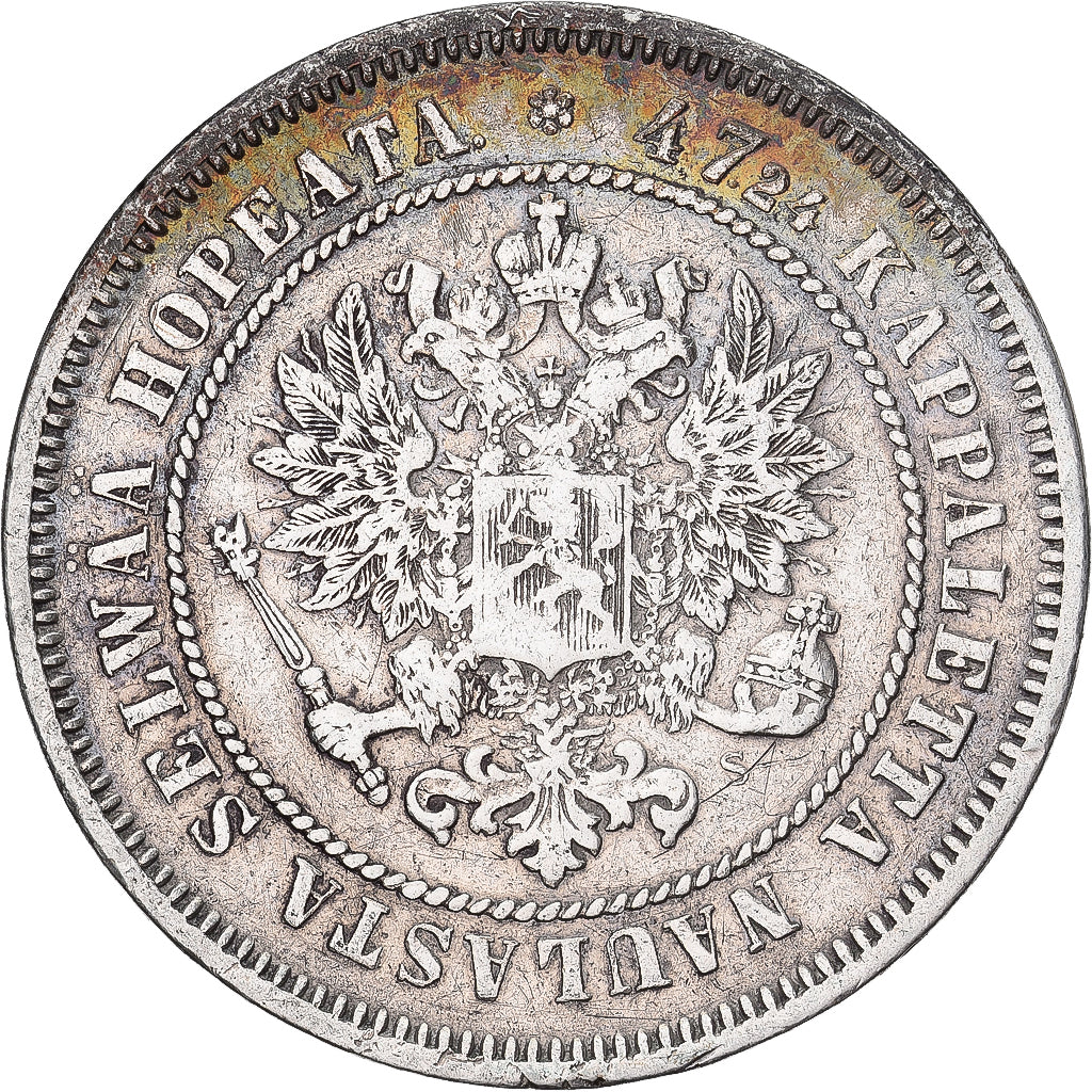 Moneda, Finlandia, Alexander II, 2 Markkaa, 1872, Helsinki, MBC, Plata, KM:7.2