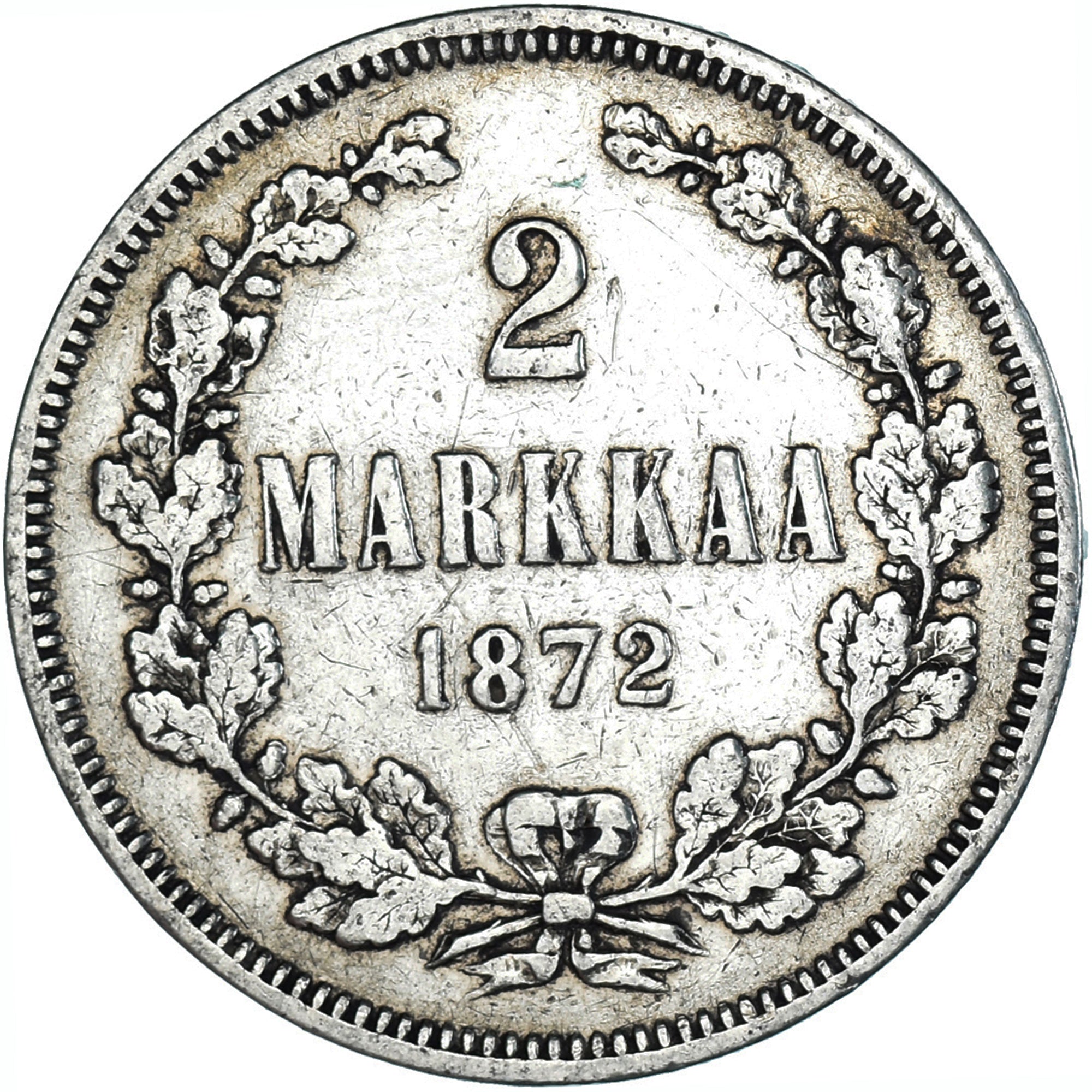 Moneda, Finlandia, Alexander II, 2 Markkaa, 1872, Helsinki, MBC, Plata, KM:7.2