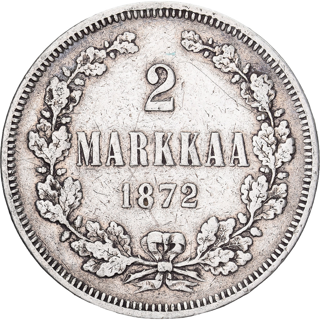 Moneda, Finlandia, Alexander II, 2 Markkaa, 1872, Helsinki, MBC, Plata, KM:7.2
