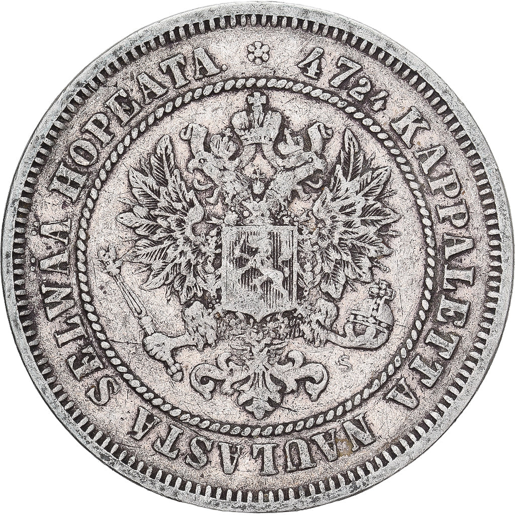 Moneda, Finlandia, Alexander II, 2 Markkaa, 1872, Helsinki, MBC, Plata, KM:7.2