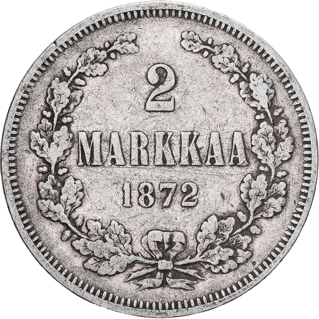 Moneda, Finlandia, Alexander II, 2 Markkaa, 1872, Helsinki, MBC, Plata, KM:7.2