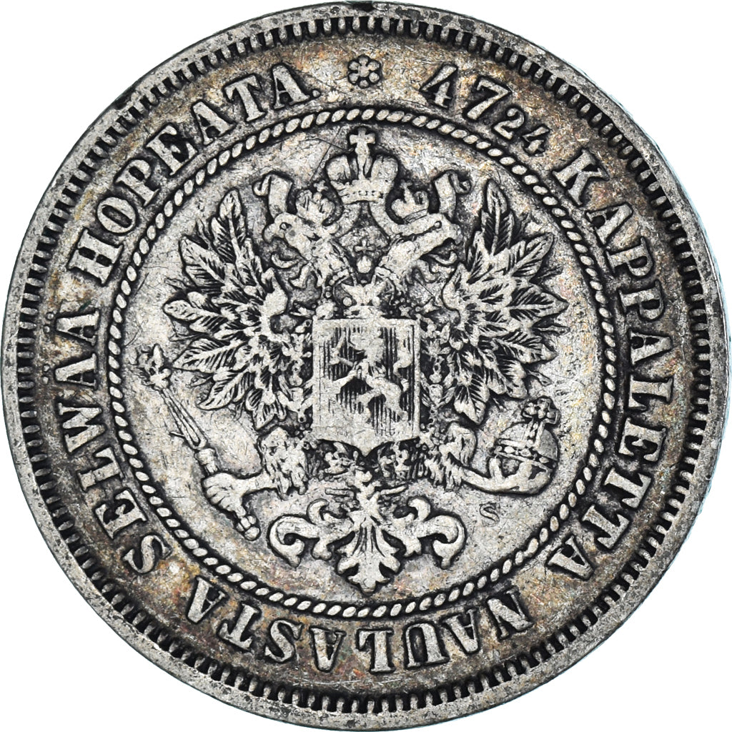Moneda, Finlandia, Alexander II, 2 Markkaa, 1872, Helsinki, MBC, Plata, KM:7.2