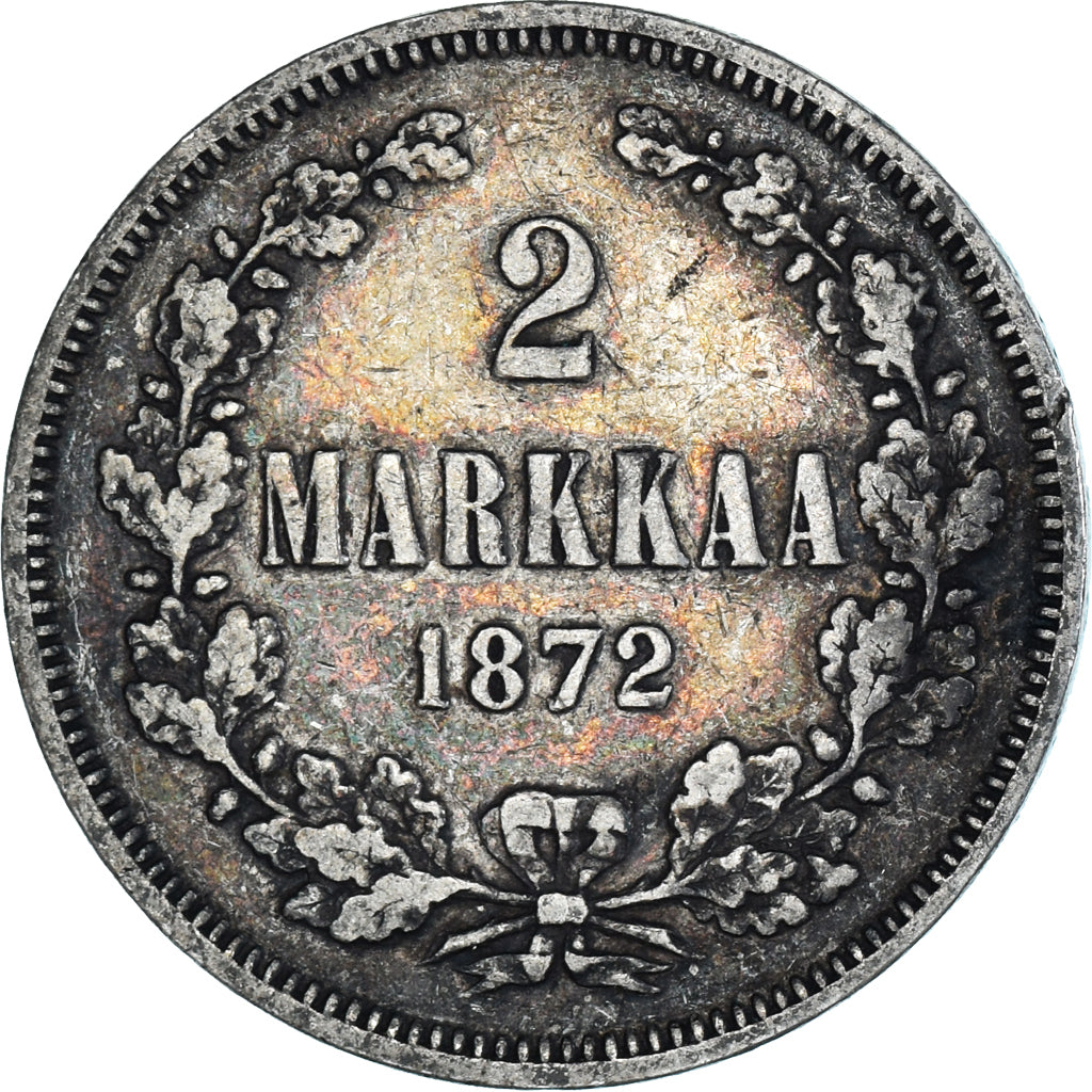 Moneda, Finlandia, Alexander II, 2 Markkaa, 1872, Helsinki, MBC, Plata, KM:7.2