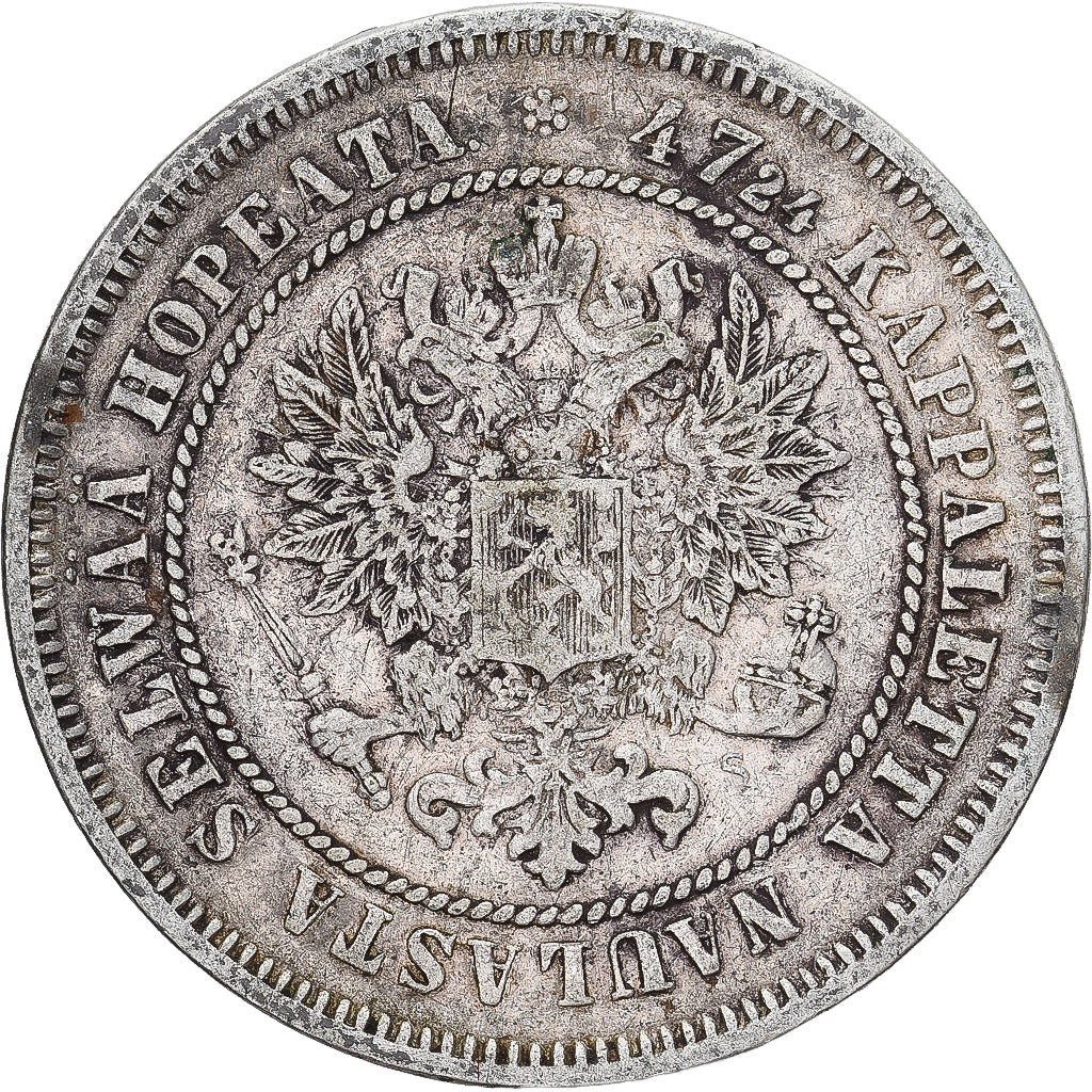 Moneda, Finlandia, Alexander II, 2 Markkaa, 1872, Helsinki, MBC, Plata, KM:7.2