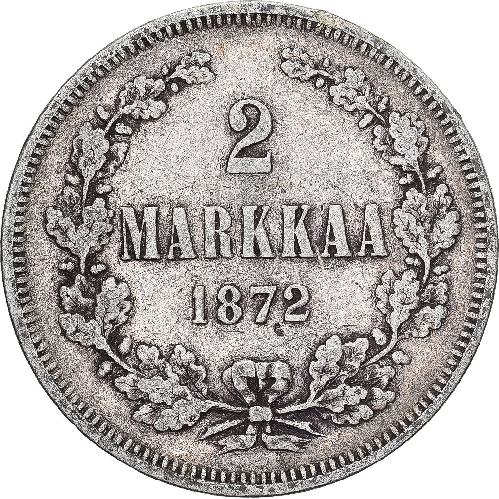 Moneda, Finlandia, Alexander II, 2 Markkaa, 1872, Helsinki, MBC, Plata, KM:7.2