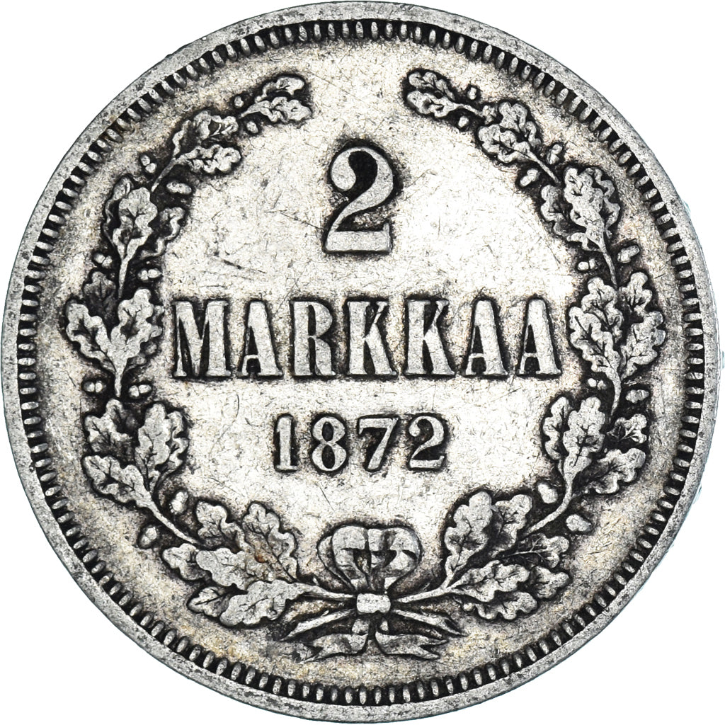 Moneda, Finlandia, Alexander II, 2 Markkaa, 1872, Helsinki, MBC, Plata, KM:7.2