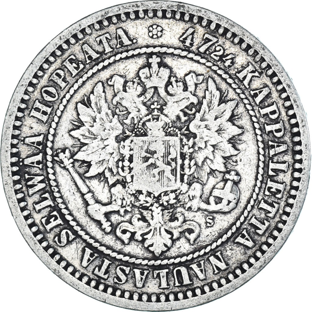 Moneda, Finlandia, Alexander II, 2 Markkaa, 1870, Helsinki, MBC, Plata, KM:7.1