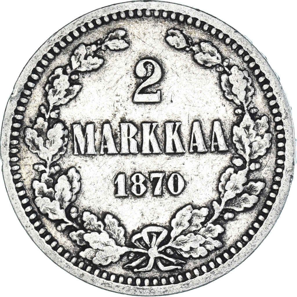 Moneda, Finlandia, Alexander II, 2 Markkaa, 1870, Helsinki, MBC, Plata, KM:7.1