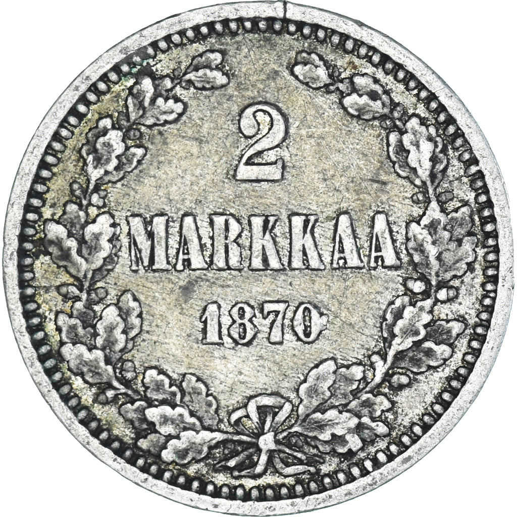 Moneda, Finlandia, Alexander II, 2 Markkaa, 1870, Helsinki, MBC, Plata, KM:7.1