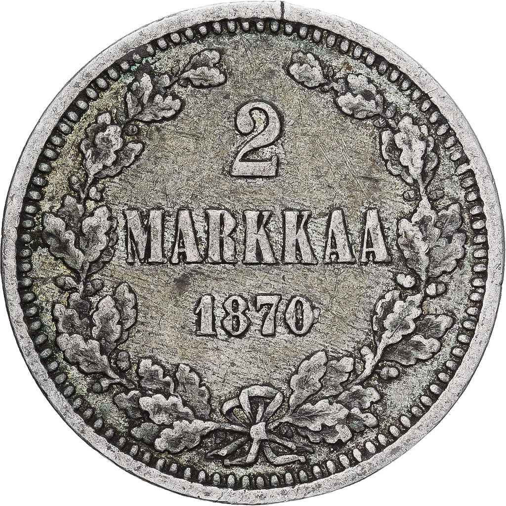 Moeda, Finlândia, Alexander II, 2 Markkaa, 1870, Helsinki, EF(40-45), Prata