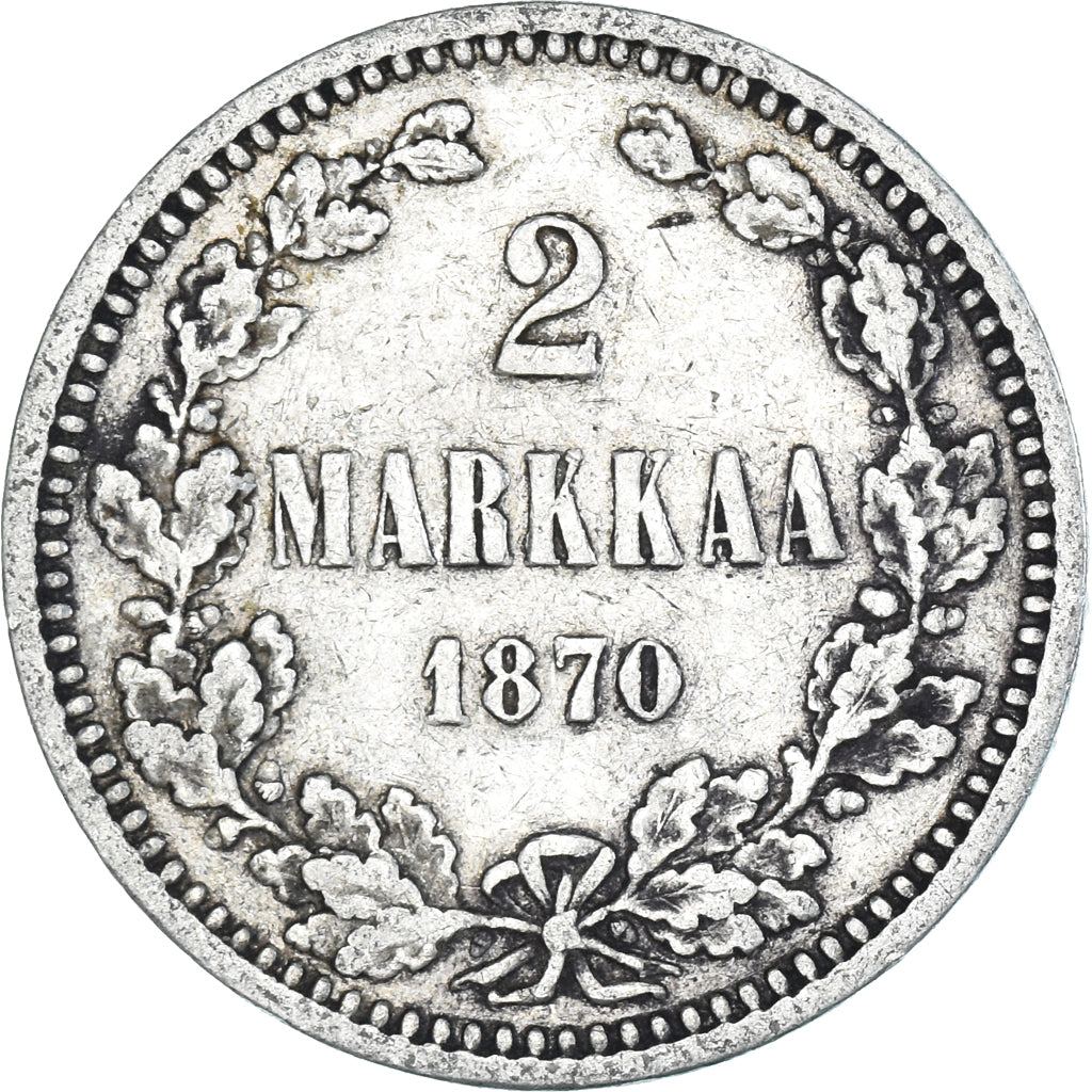 Moneda, Finlandia, Alexander II, 2 Markkaa, 1870, Helsinki, MBC, Plata, KM:7.1