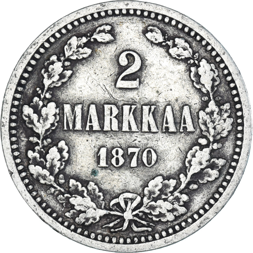 Moneda, Finlandia, Alexander II, 2 Markkaa, 1870, Helsinki, MBC, Plata, KM:7.1