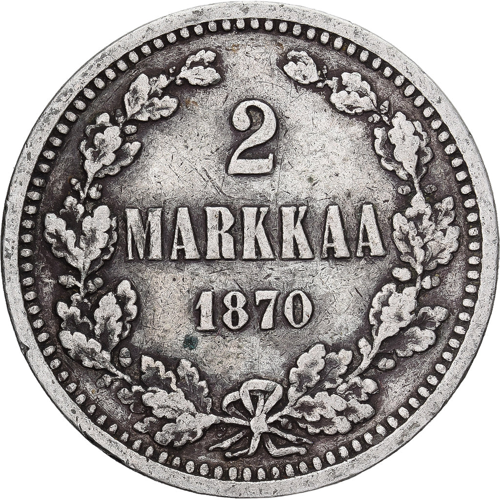 Moeda, Finlândia, Alexander II, 2 Markkaa, 1870, Helsinki, EF(40-45), Prata