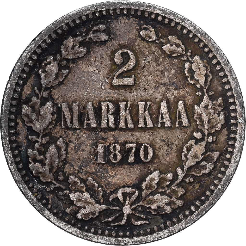 Moeda, Finlândia, Alexander II, 2 Markkaa, 1870, Helsinki, EF(40-45), Prata