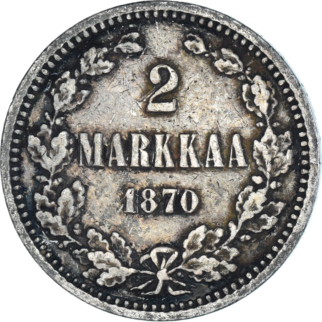 Moneda, Finlandia, Alexander II, 2 Markkaa, 1870, Helsinki, MBC, Plata, KM:7.1