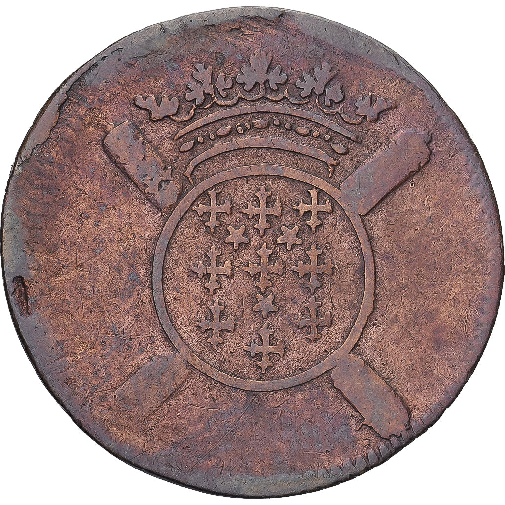 Moeda, França, 10 Sols, 1708, Lille, siège de la ville, VF(30-35), Cobre