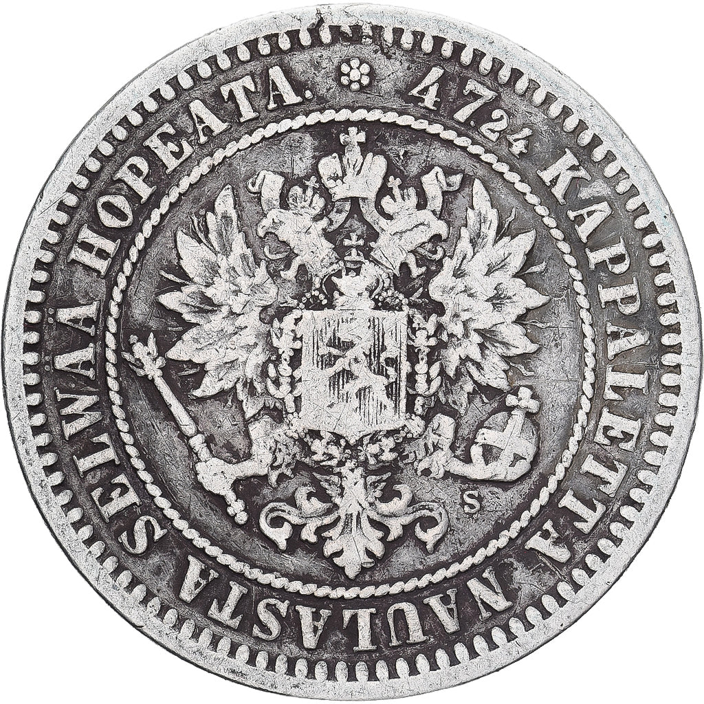 Moeda, Finlândia, Alexander II, 2 Markkaa, 1870, Helsinki, VF(30-35), Prata