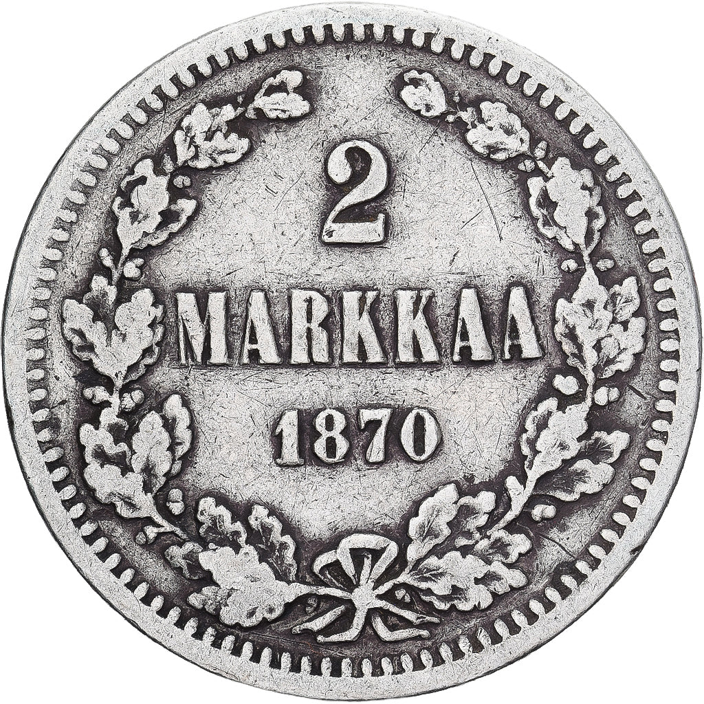 Moeda, Finlândia, Alexander II, 2 Markkaa, 1870, Helsinki, VF(30-35), Prata