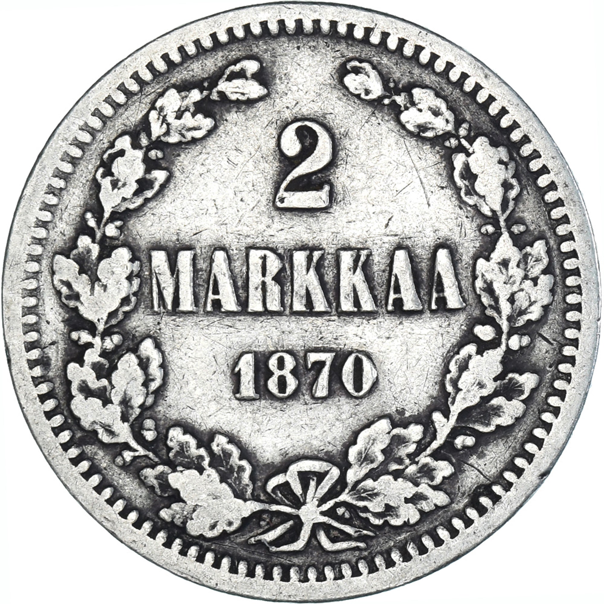 Moneda, Finlandia, Alexander II, 2 Markkaa, 1870, Helsinki, BC+, Plata, KM:7.1